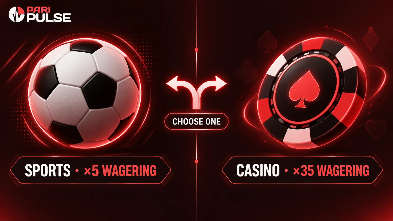 Choosing between the Paripulse sports welcome bonus (5x wagering) and casino welcome bonus (35x wagering)